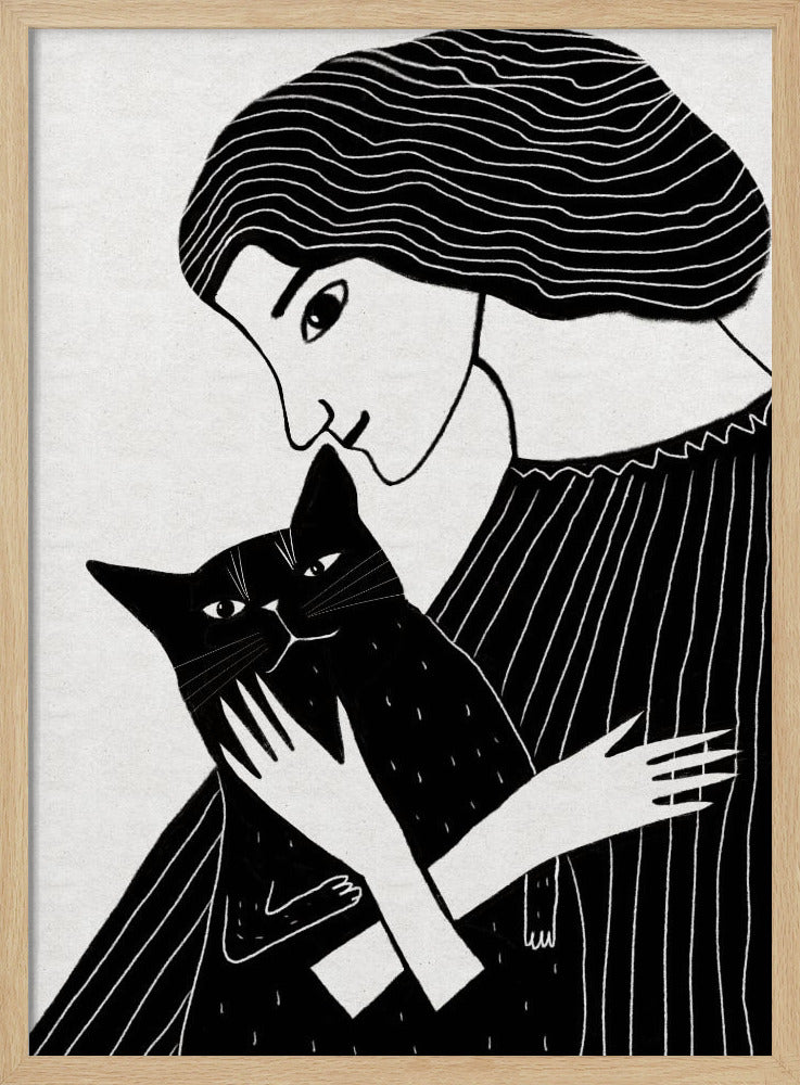 Kattenvrouw met zwarte kat | Poster