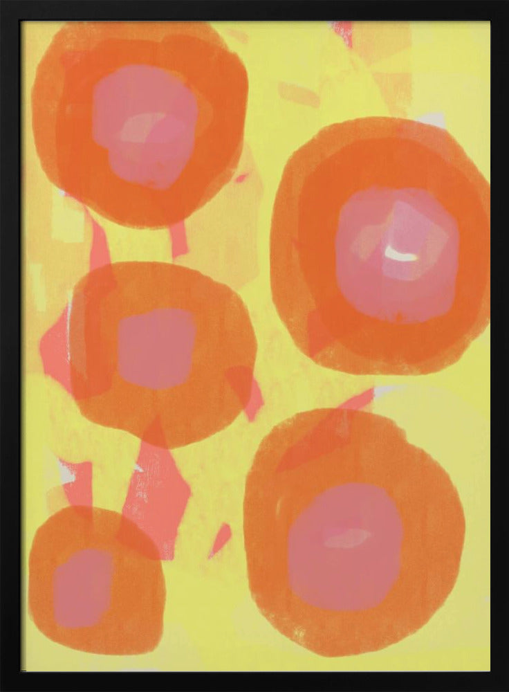 Abstract schilderij. Boho rozen in oranje en roze op geel. | Poster