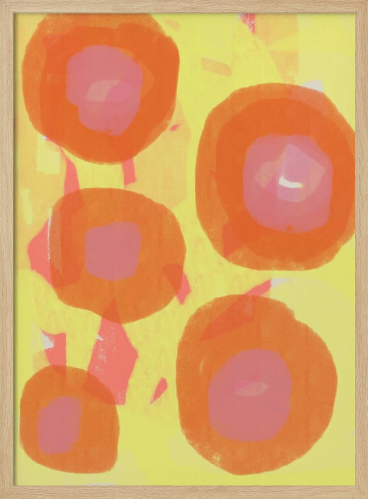 Abstract schilderij. Boho rozen in oranje en roze op geel. | Poster