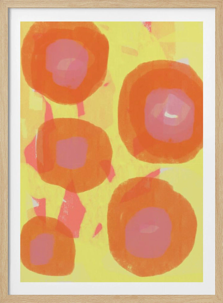 Abstract schilderij. Boho rozen in oranje en roze op geel. | Poster
