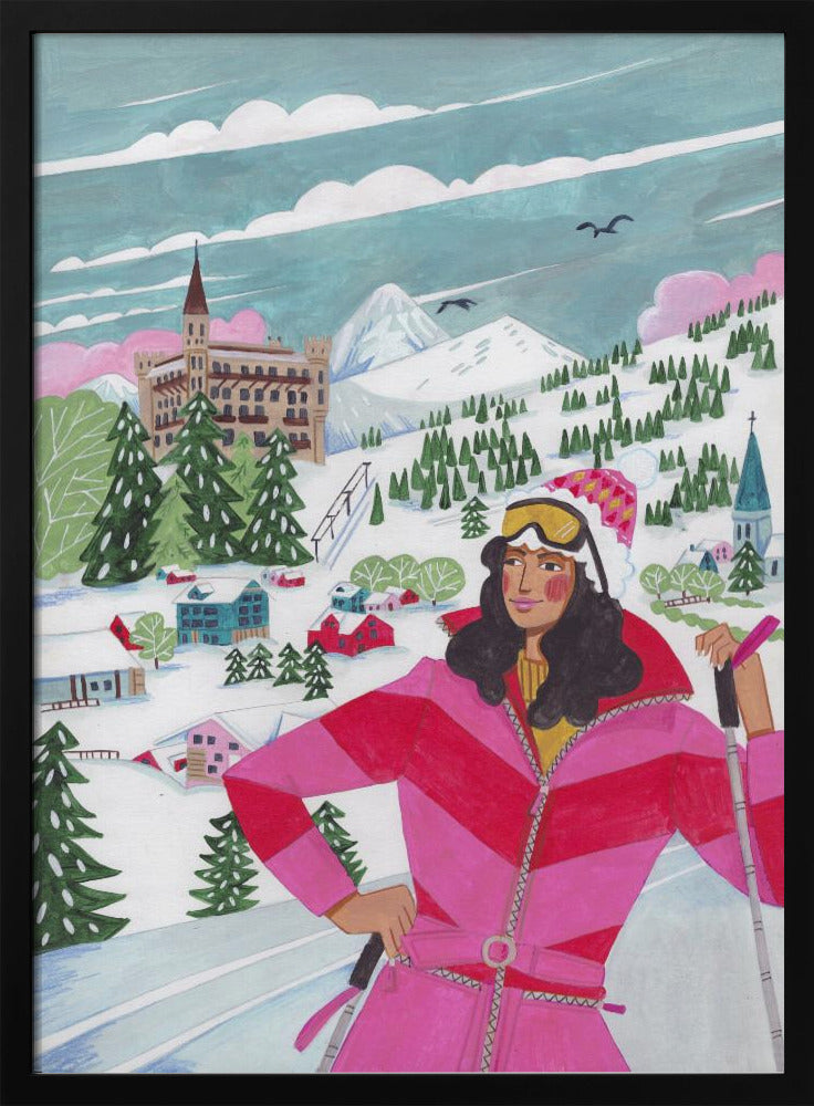 Wintertafereel: vrouw aan het skiën | Poster