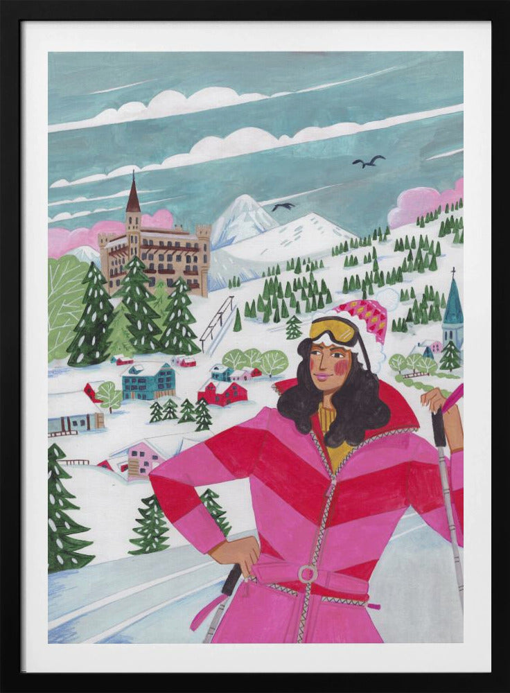 Wintertafereel: vrouw aan het skiën | Poster