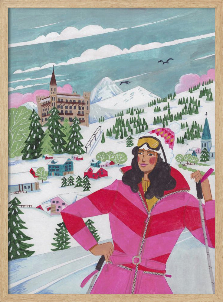 Wintertafereel: vrouw aan het skiën | Poster