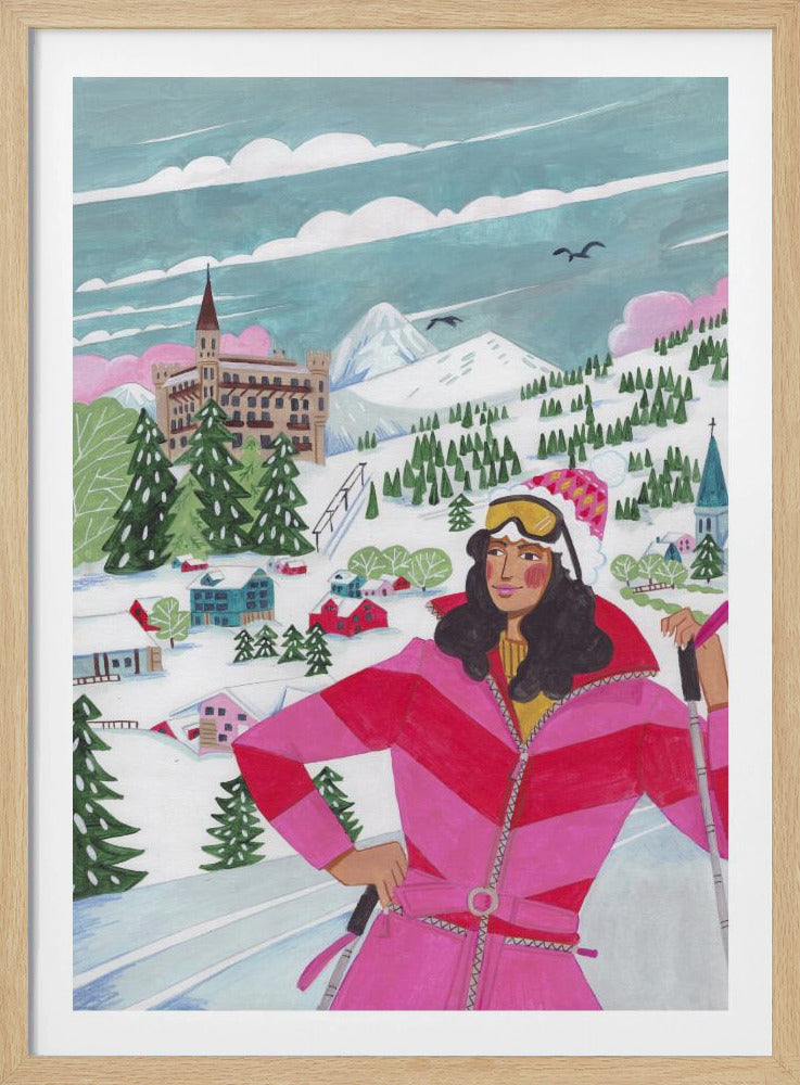 Wintertafereel: vrouw aan het skiën | Poster