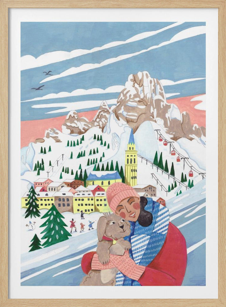 Wintertafereel: vrouw en hond | Poster