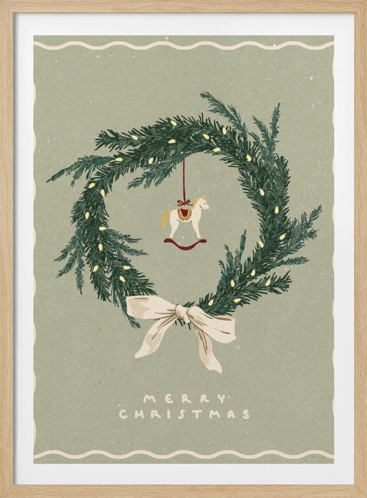 Paardenspeelgoed op kerstkrans met strik | Poster
