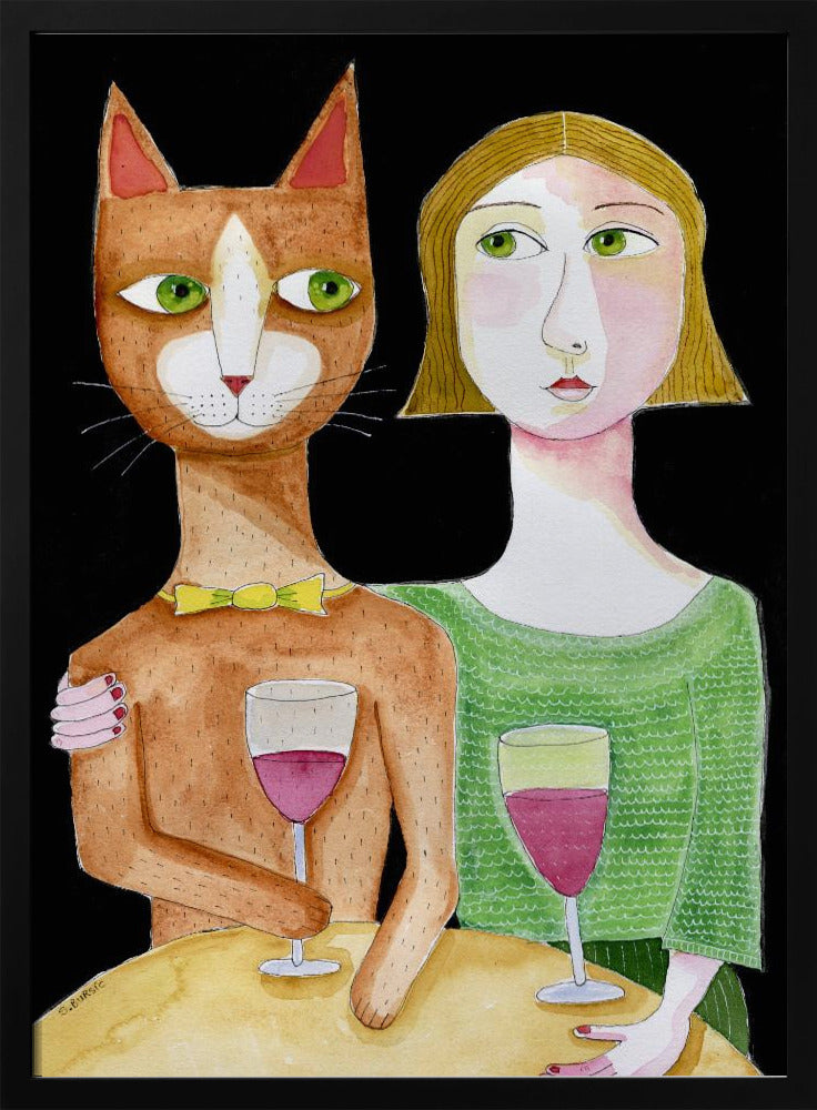 Beste vrienden Kat en Vrouw drinken wijn | Poster