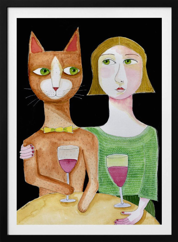 Beste vrienden Kat en Vrouw drinken wijn | Poster