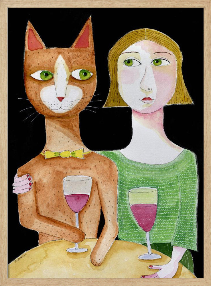 Beste vrienden Kat en Vrouw drinken wijn | Poster