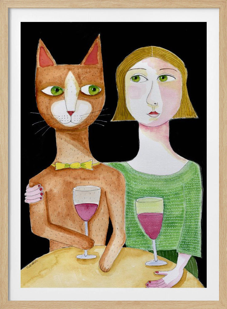 Beste vrienden Kat en Vrouw drinken wijn | Poster