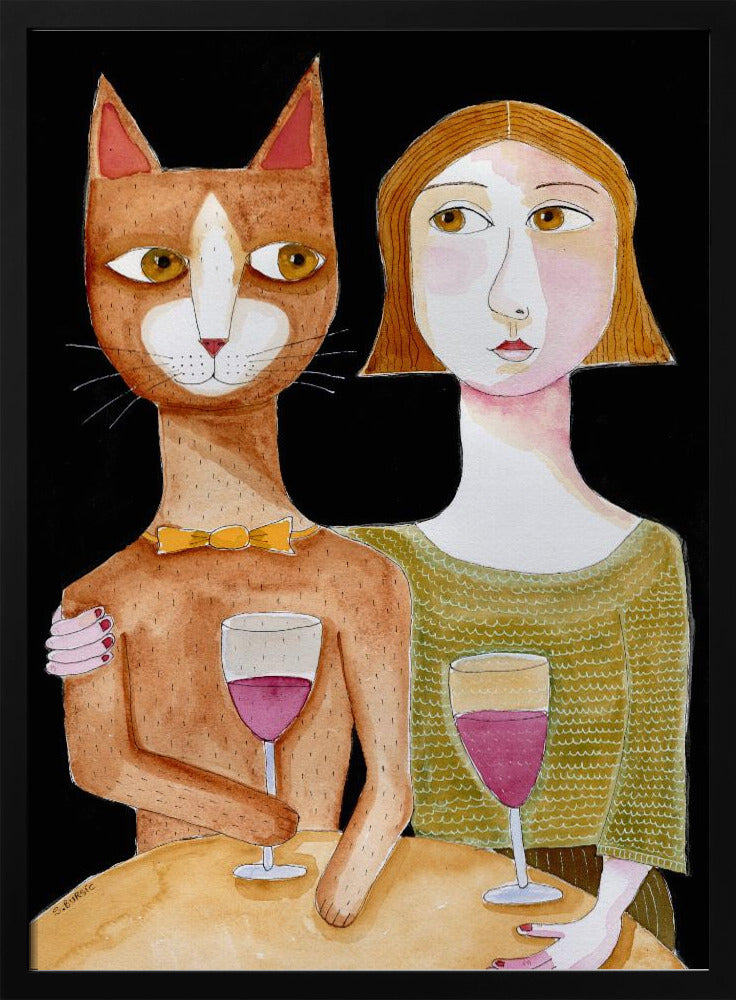 Beste vrienden Kat en Vrouw drinken wijn | Poster