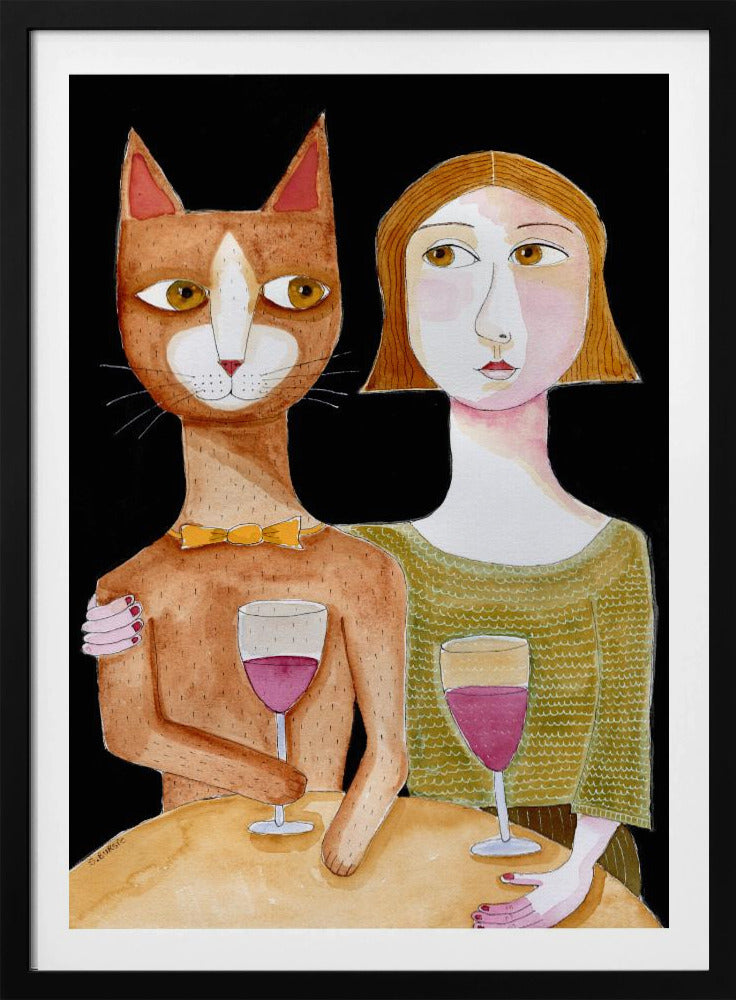 Beste vrienden Kat en Vrouw drinken wijn | Poster
