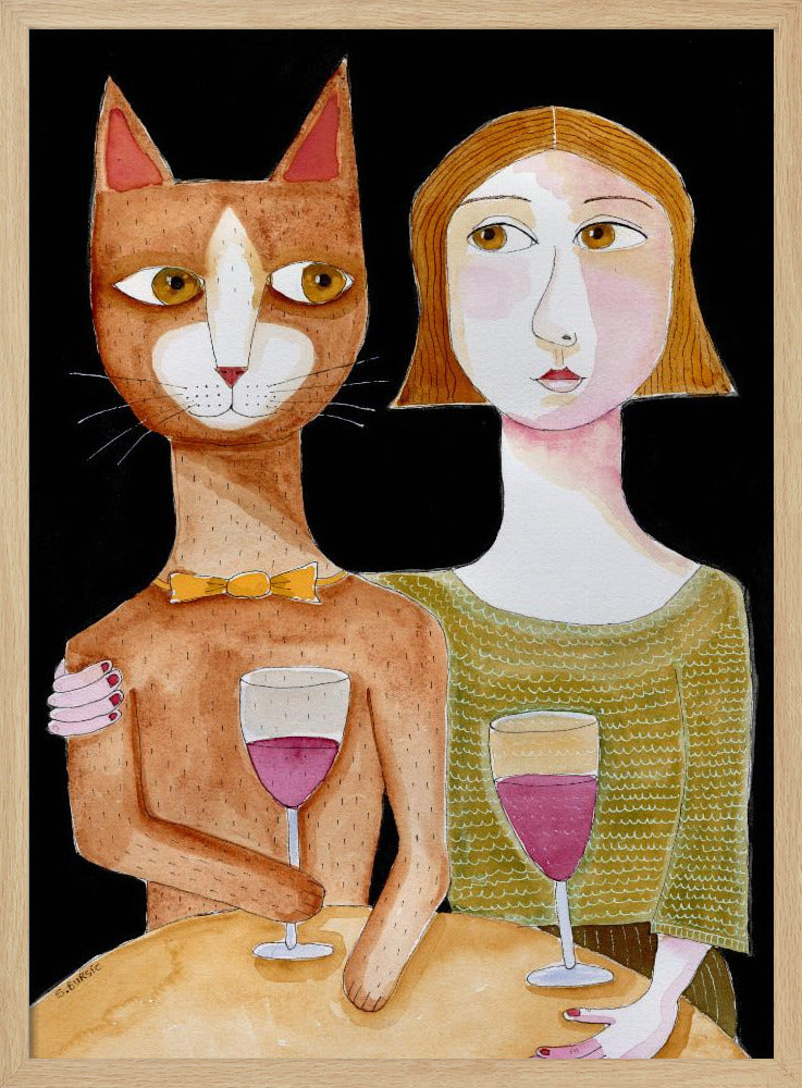 Beste vrienden Kat en Vrouw drinken wijn | Poster