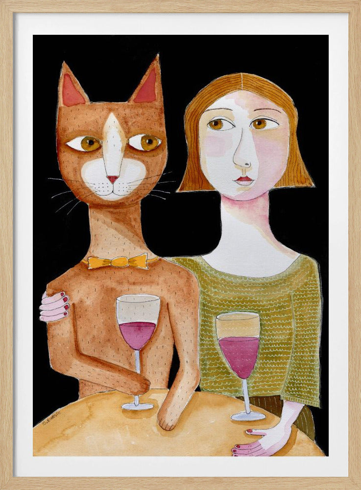 Beste vrienden Kat en Vrouw drinken wijn | Poster