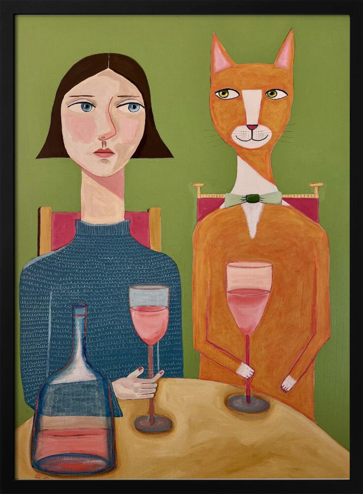 Dame en kat drinken wijn | Poster