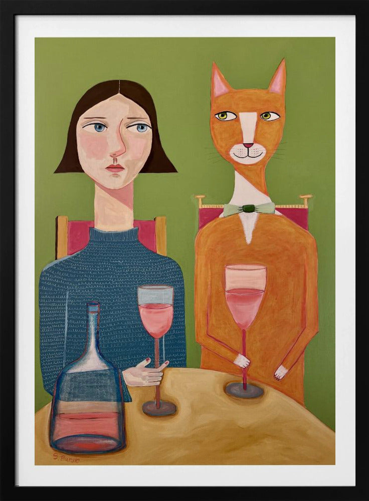 Dame en kat drinken wijn | Poster