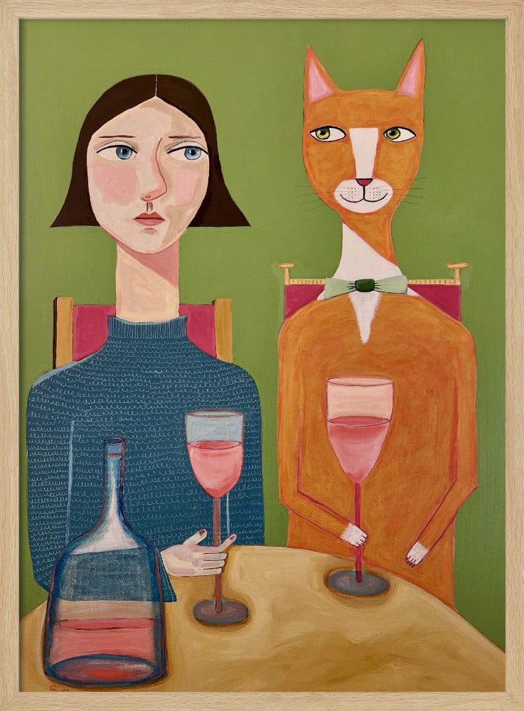 Dame en kat drinken wijn | Poster