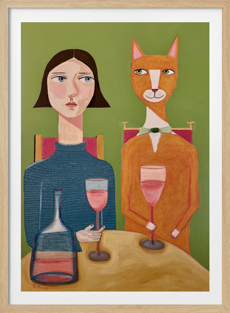 Dame en kat drinken wijn | Poster