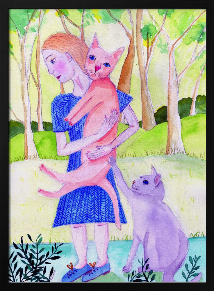 Dame met de roze en blauwe kat. | Poster