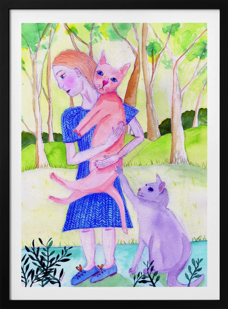 Dame met de roze en blauwe kat. | Poster