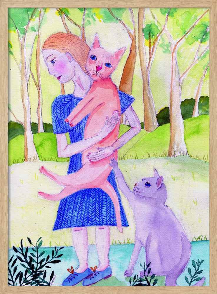 Dame met de roze en blauwe kat. | Poster