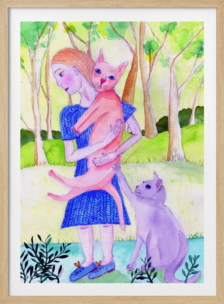 Dame met de roze en blauwe kat. | Poster