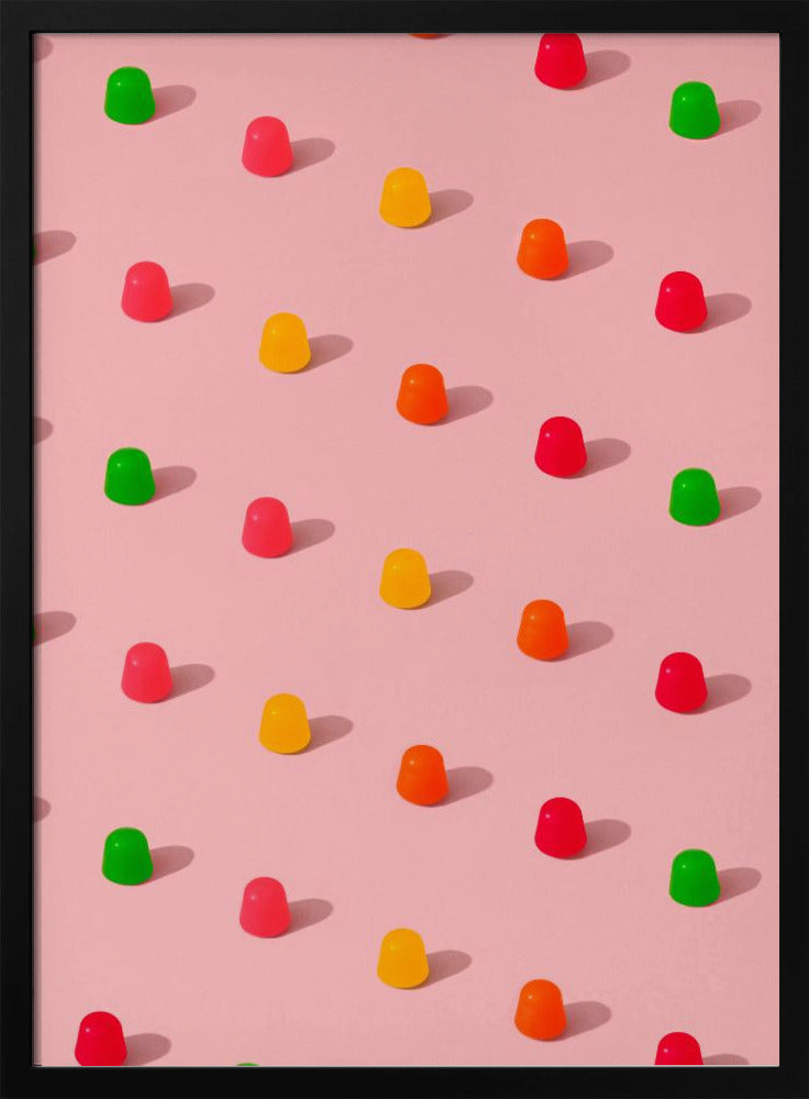 Stippen snoepgomdruppels - herhalend patroon op roze achtergrond | Poster