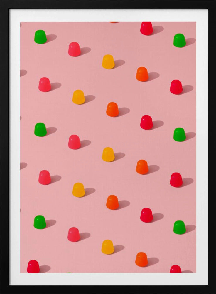 Stippen snoepgomdruppels - herhalend patroon op roze achtergrond | Poster