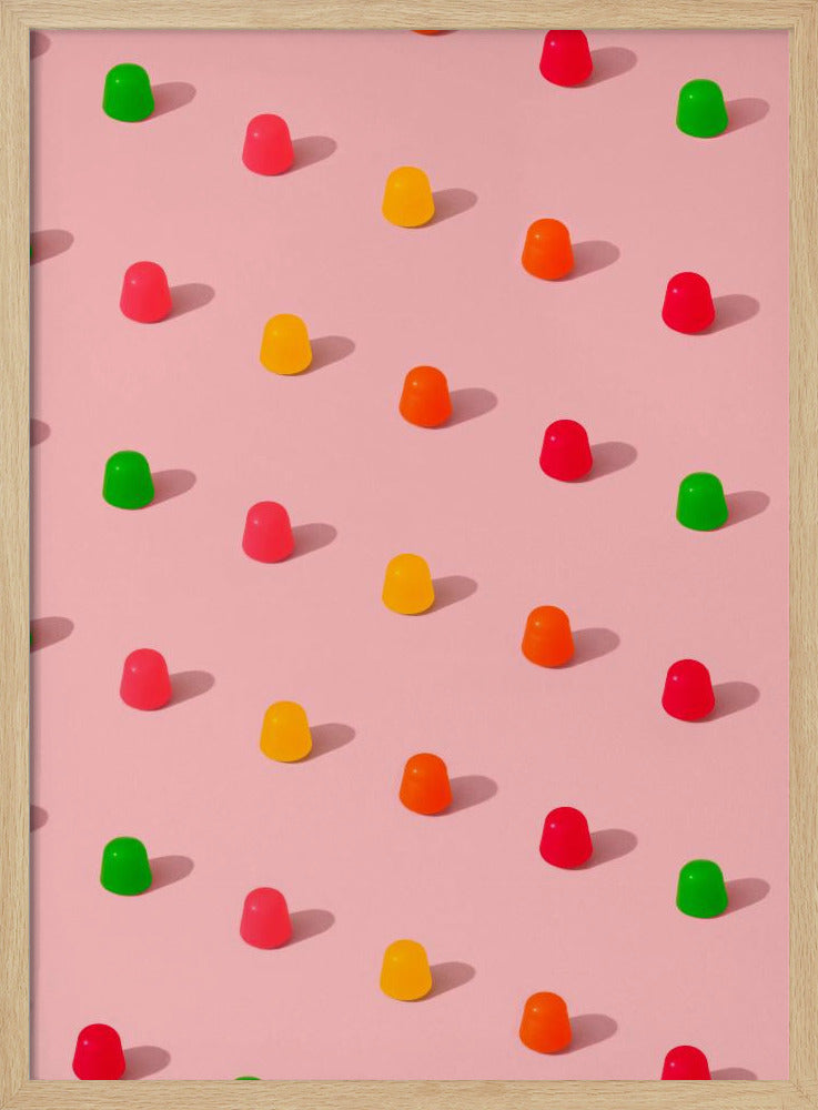 Stippen snoepgomdruppels - herhalend patroon op roze achtergrond | Poster