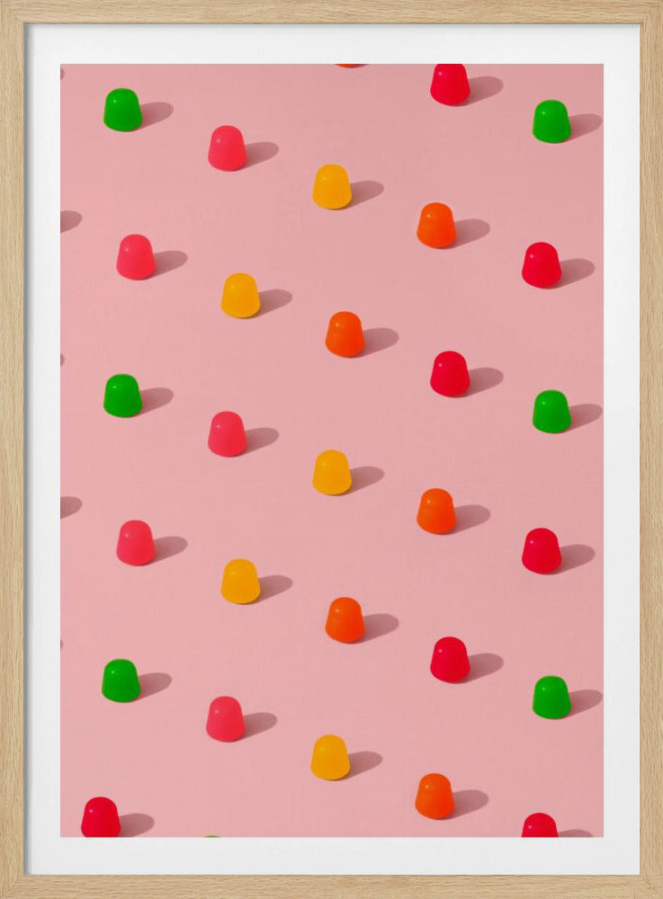 Stippen snoepgomdruppels - herhalend patroon op roze achtergrond | Poster