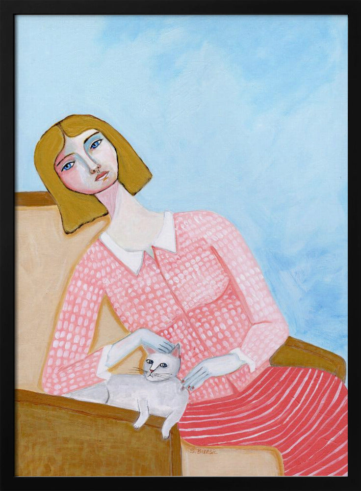 Dame met witte kat | Poster