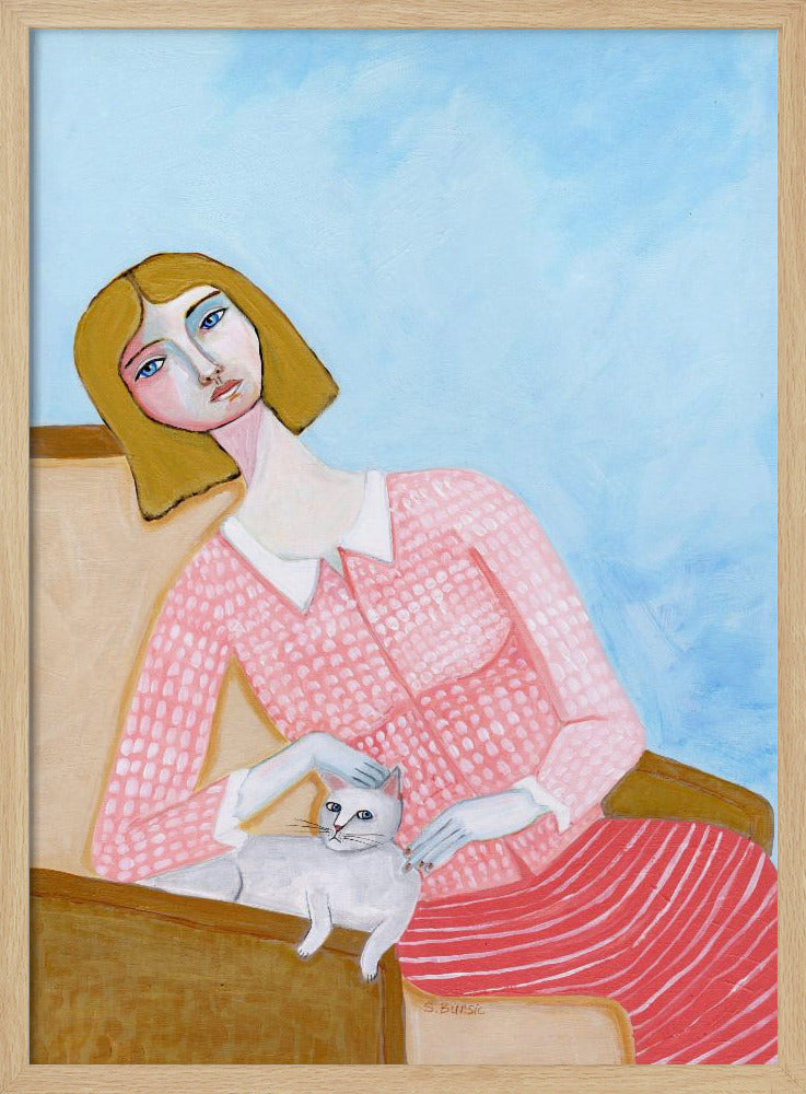 Dame met witte kat | Poster