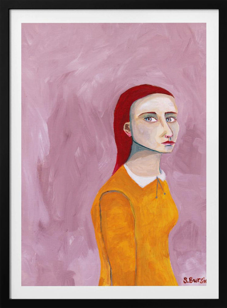 Dame in de gele jurk en roze achtergrond | Poster