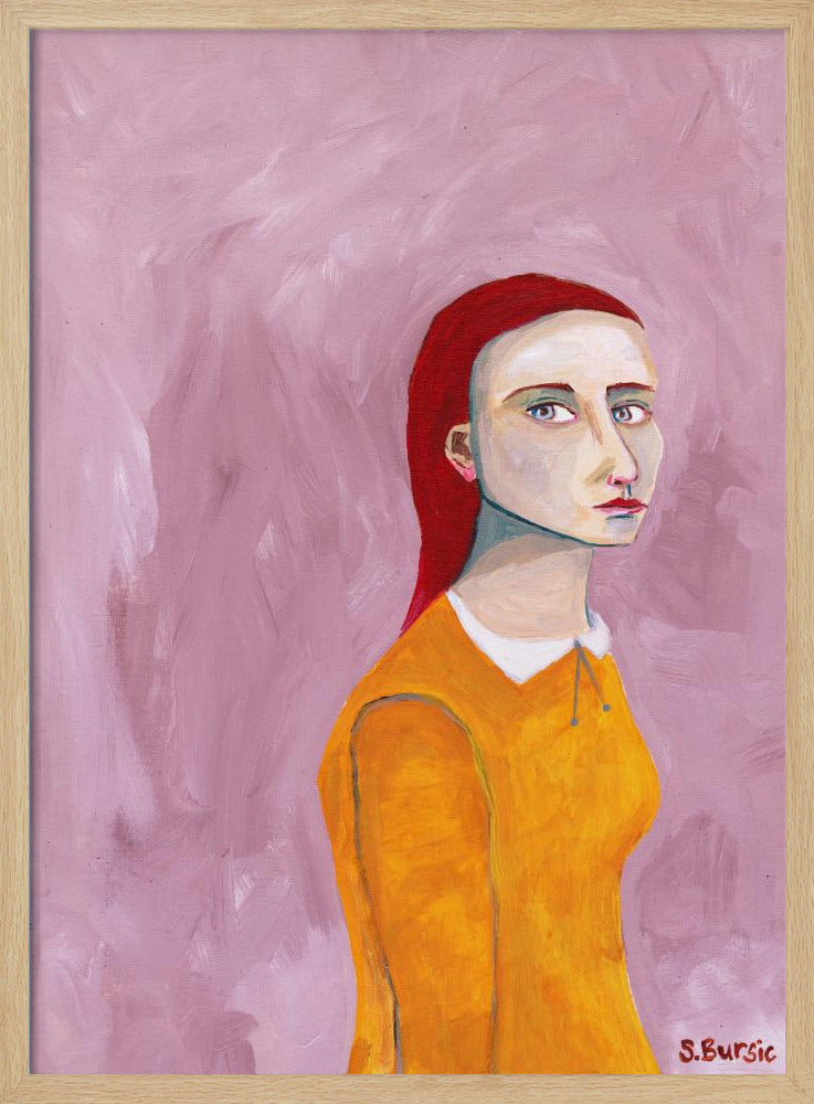 Dame in de gele jurk en roze achtergrond | Poster