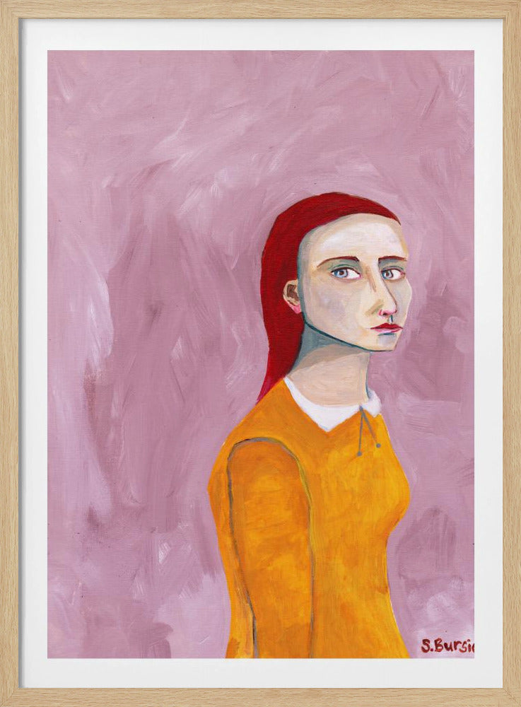 Dame in de gele jurk en roze achtergrond | Poster