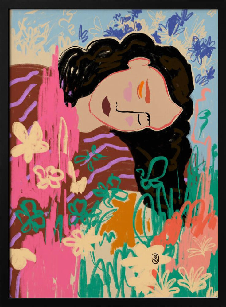 Expressieve figuur omringd door kleurrijke bloemen | Poster