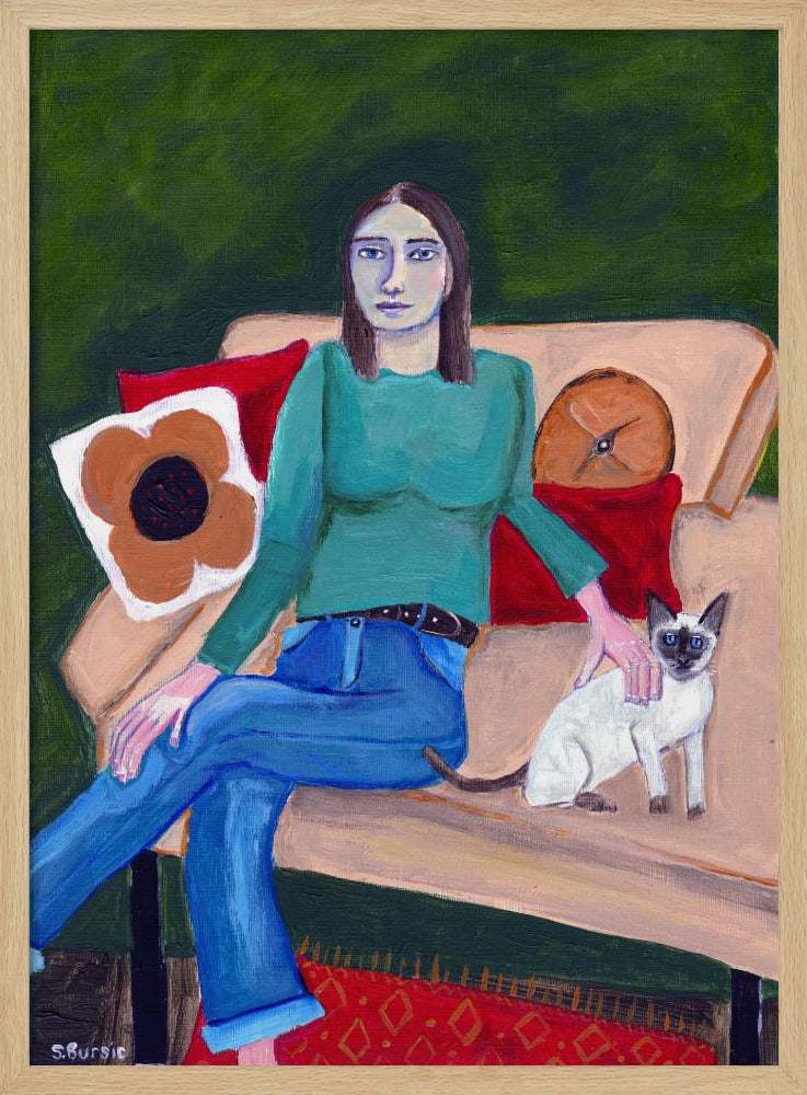 Lady sitting with Siamese Cat | Poster