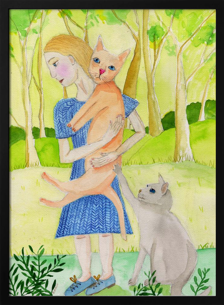 Dame met de oranje en grijze kat. | Poster