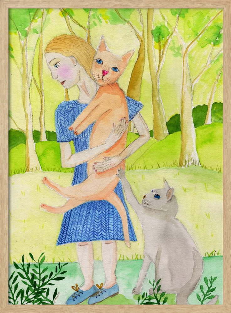 Dame met de oranje en grijze kat. | Poster