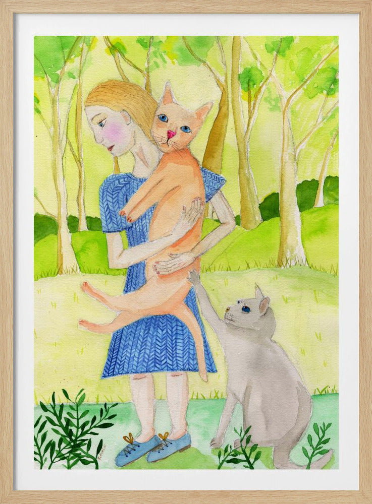 Dame met de oranje en grijze kat. | Poster