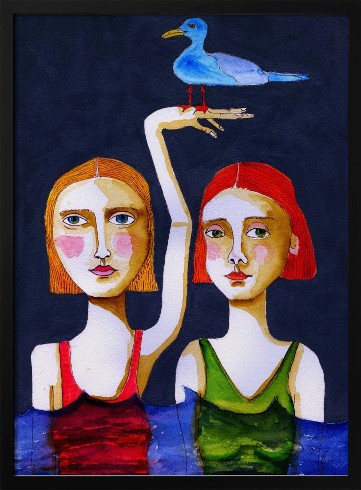 Zwemmende meisjes met blauwe meeuw. | Poster