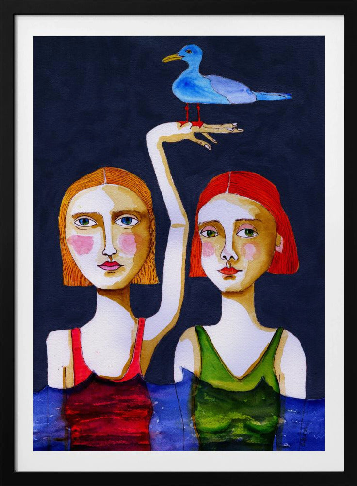 Zwemmende meisjes met blauwe meeuw. | Poster