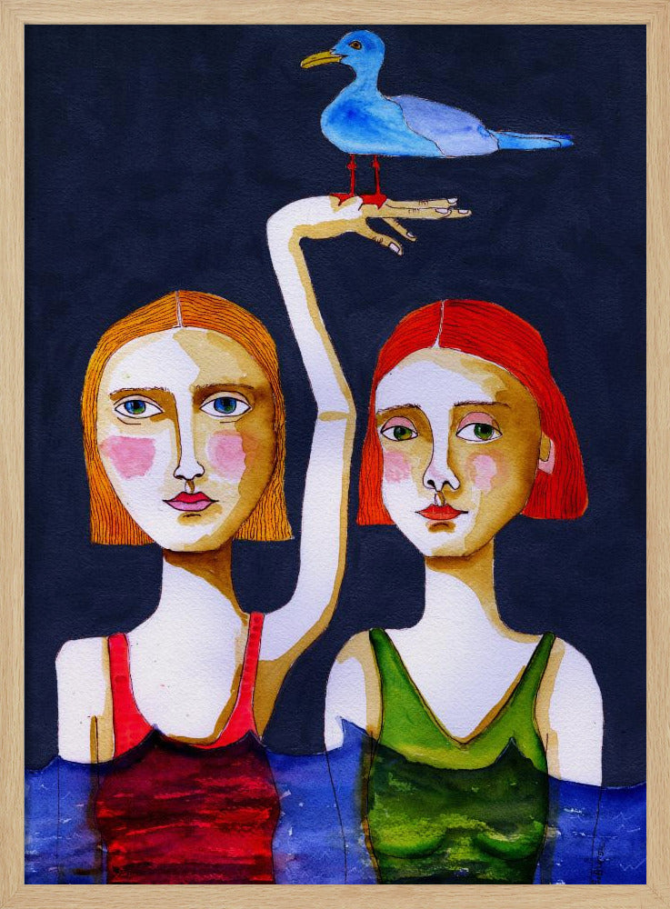 Zwemmende meisjes met blauwe meeuw. | Poster