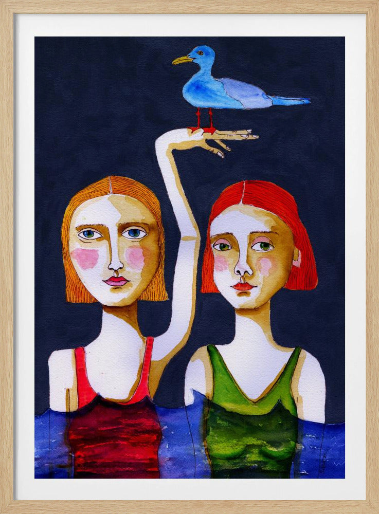 Zwemmende meisjes met blauwe meeuw. | Poster