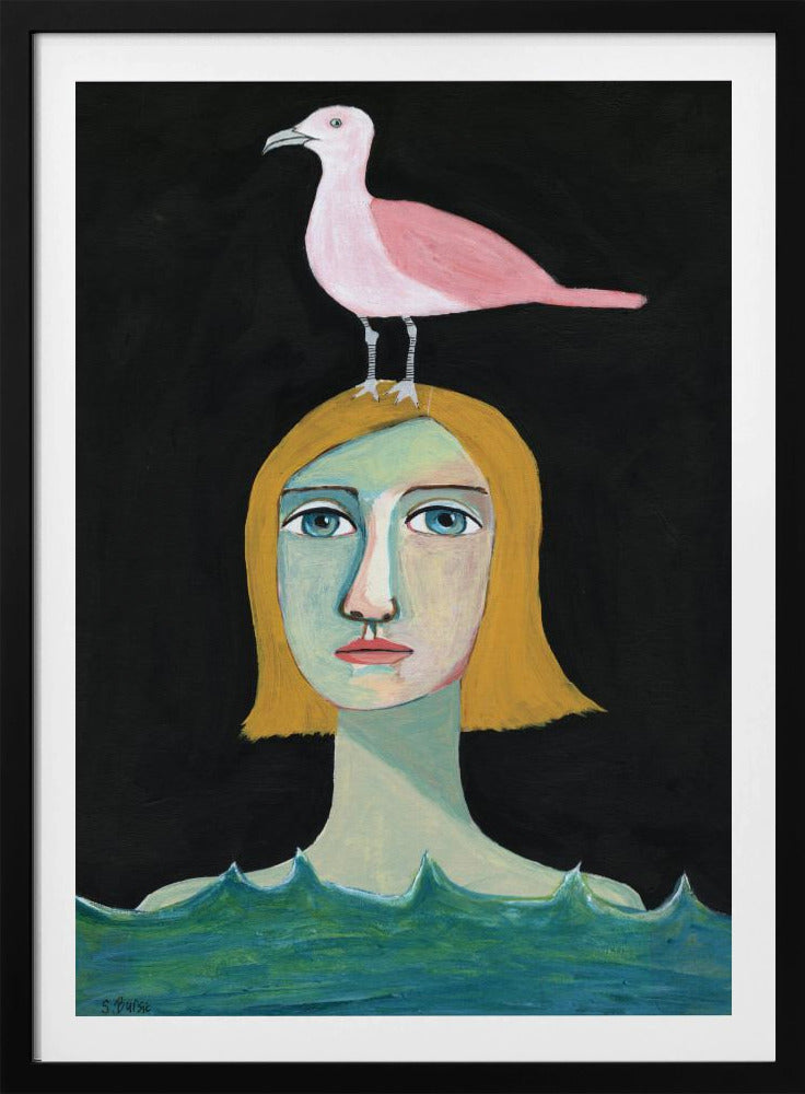 Zwemmend meisje met roze meeuw | Poster
