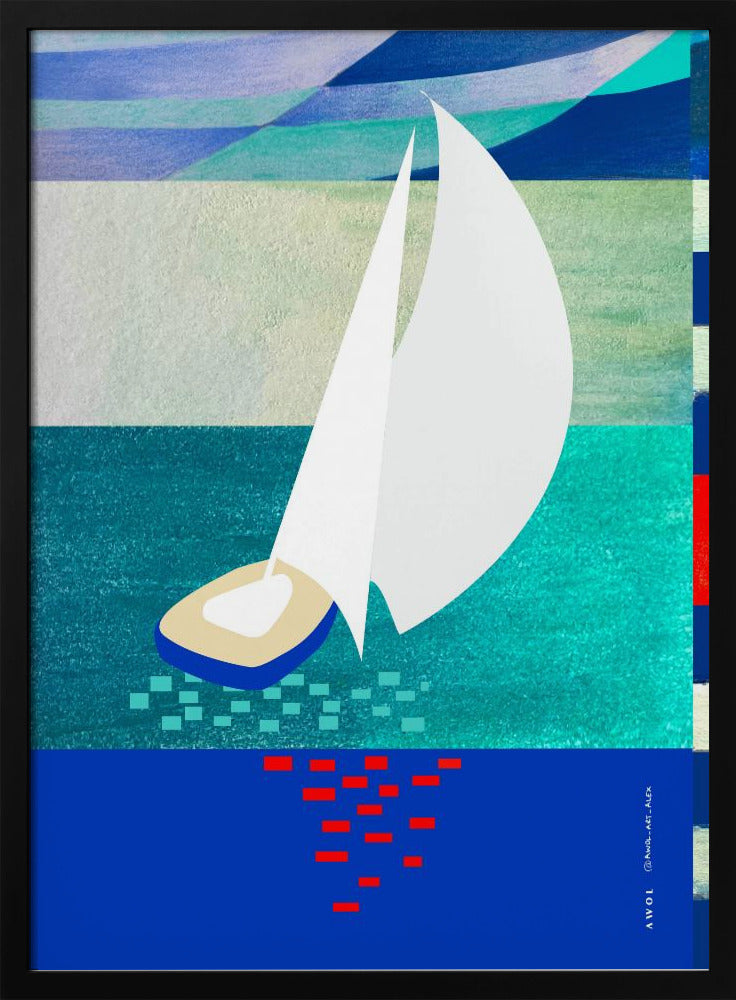 Witte zeilboot met reflecties, abstracte zeekunst met grafische strepen | Poster
