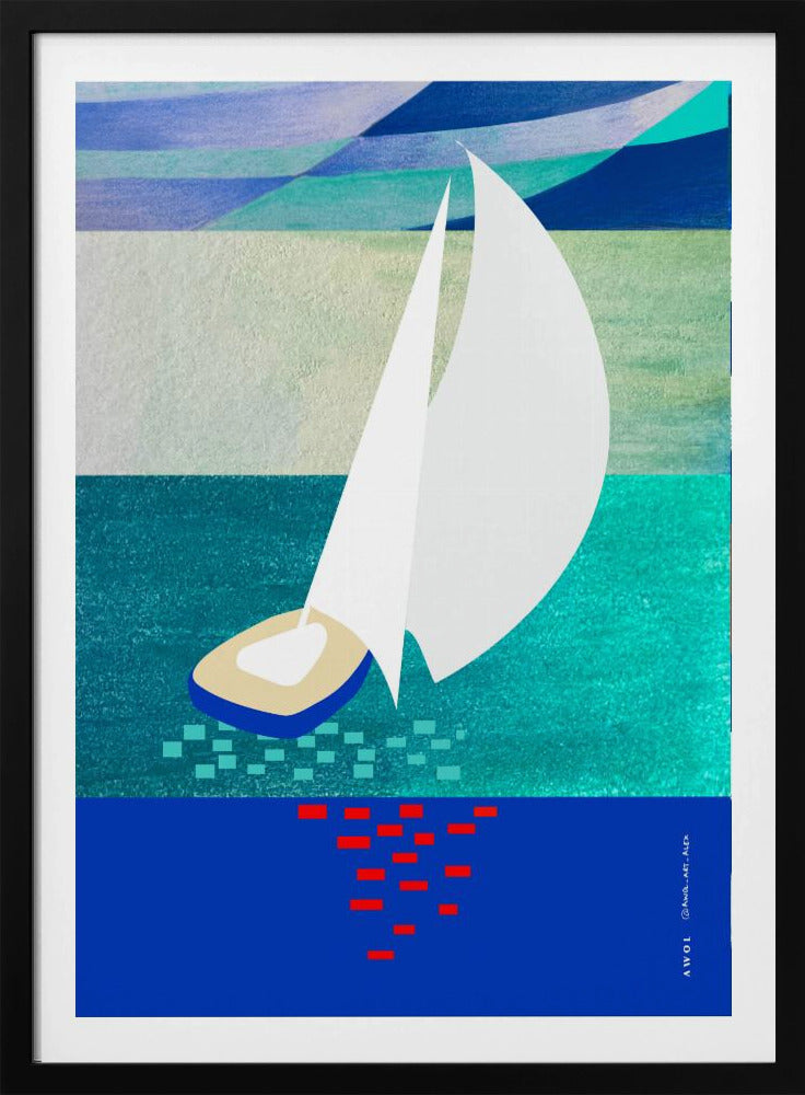 Witte zeilboot met reflecties, abstracte zeekunst met grafische strepen | Poster