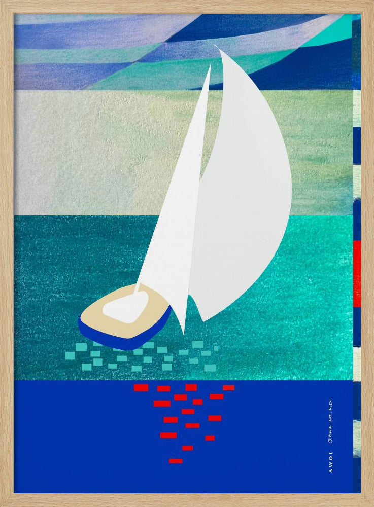 Witte zeilboot met reflecties, abstracte zeekunst met grafische strepen | Poster