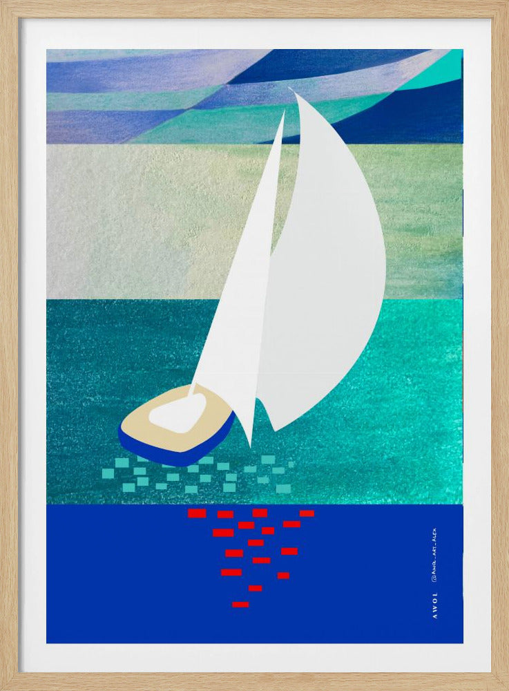 Witte zeilboot met reflecties, abstracte zeekunst met grafische strepen | Poster
