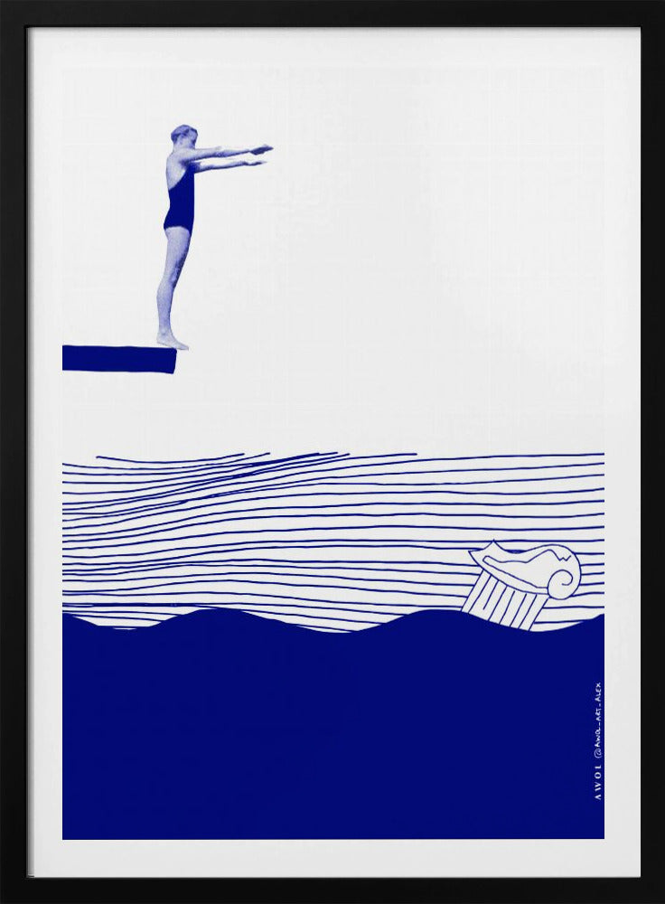 Modern Vintage Beach Wall Art, Nautical Art Print, Woman Swimming In Abstract Sea | Poster